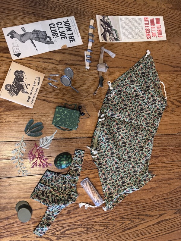 vtg. gi joe accessories, tent, communications phone, mess kit, clothes and more