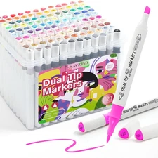 [Water-Based Ink] 120 Colors Dual Tip Markers Set, Brush & Chisel Double Tipp...