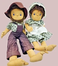 Two Vintage 12" Handmade Dolls Amish Hillbilly Plush Soft Boy Girl Stuffed  READ