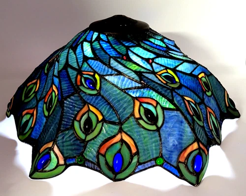 VTG Tiffany Style Twisted Peacock Feather Stained Glass Lamp Shade - RARE 21"x9"