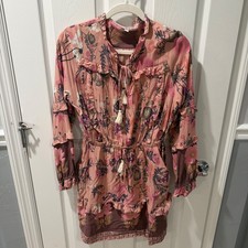 Boutique Retro Bohemian Floral Tassel Long Sleeve Dress Dusty Rose Pink Size L