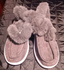 Women's Gray/White Faux Fur Trim Slip-On Open Toe Slippers, US Size 8