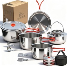 Camping Cookware Set 11 Pcs Stainless Steel with Utensils - Nesting Design, Larg