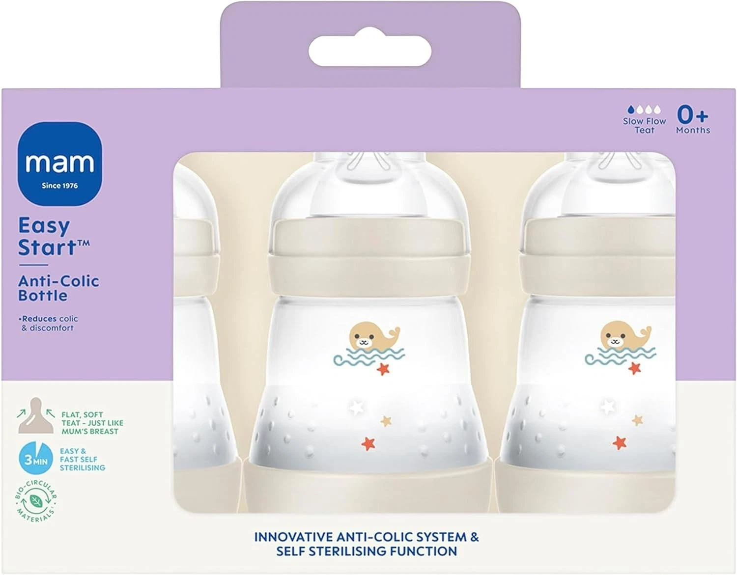 MAM Easy Start Anti-Colic Baby Bottles 160ml 3 Pack Cream Beige 0+ Months New