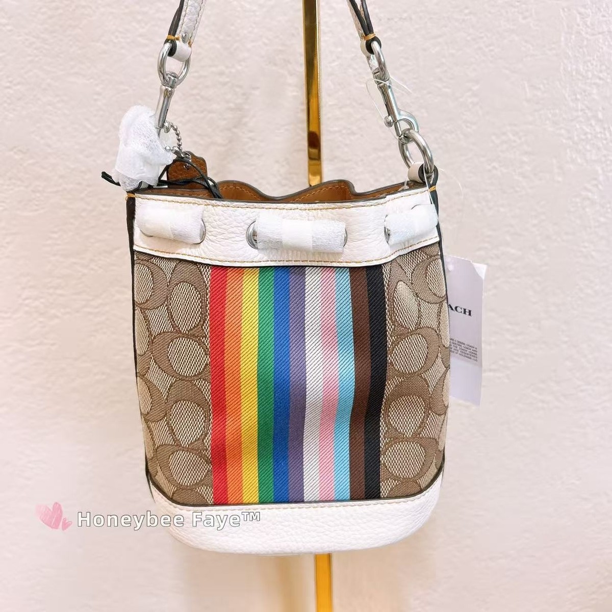 NWT Coach Mini Dempsey Bucket Bag In Jacquard With Rainbow Stripe 