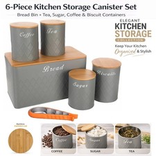 Image of 6Pcs Kitchen Storage Tins Canister Set Bamboo Lid Tea Coffee Sugar Bread Bin Jar