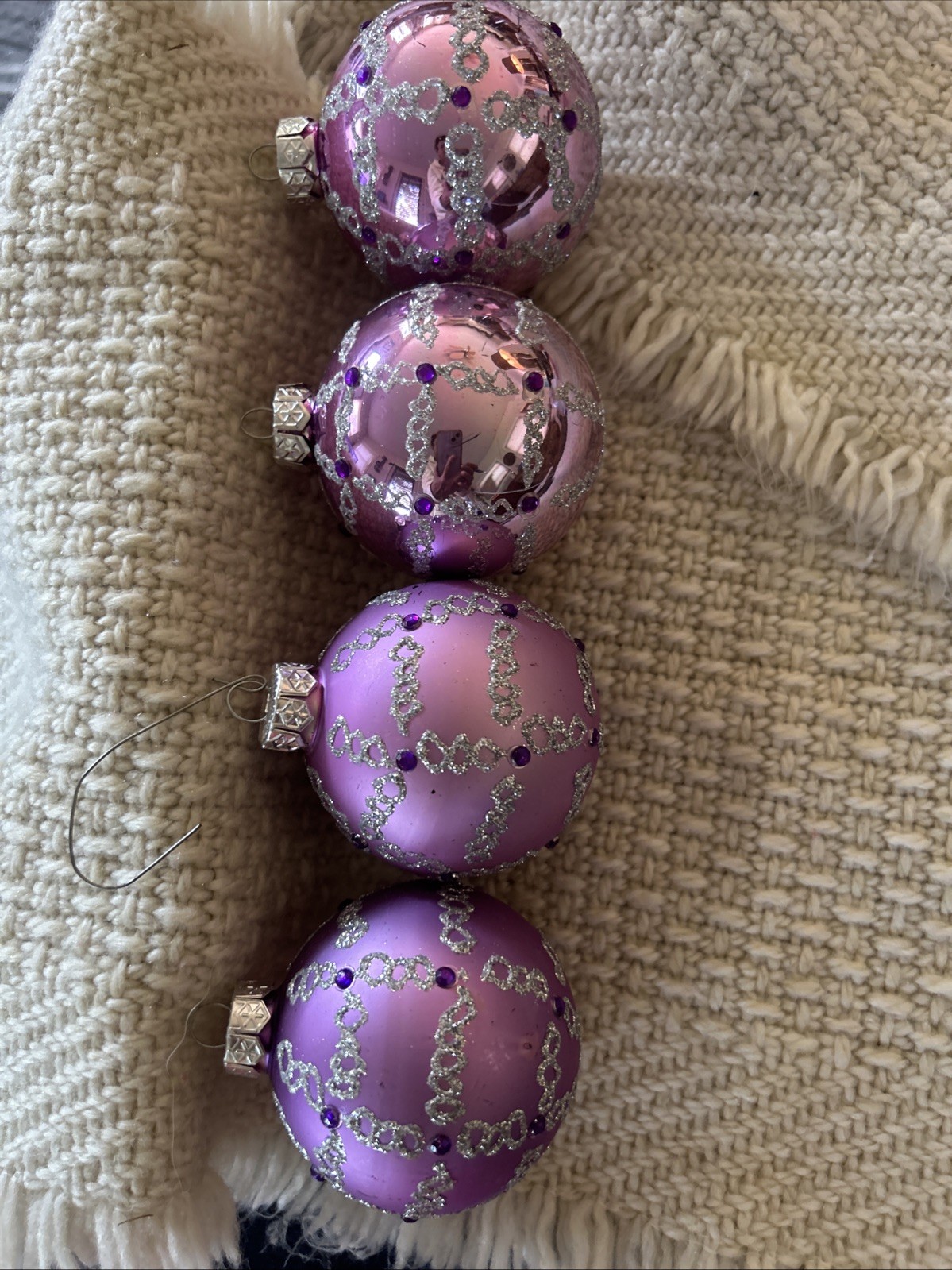 Set Of Four (4) Pink Christmas Ornaments With Glitter /rhinestones