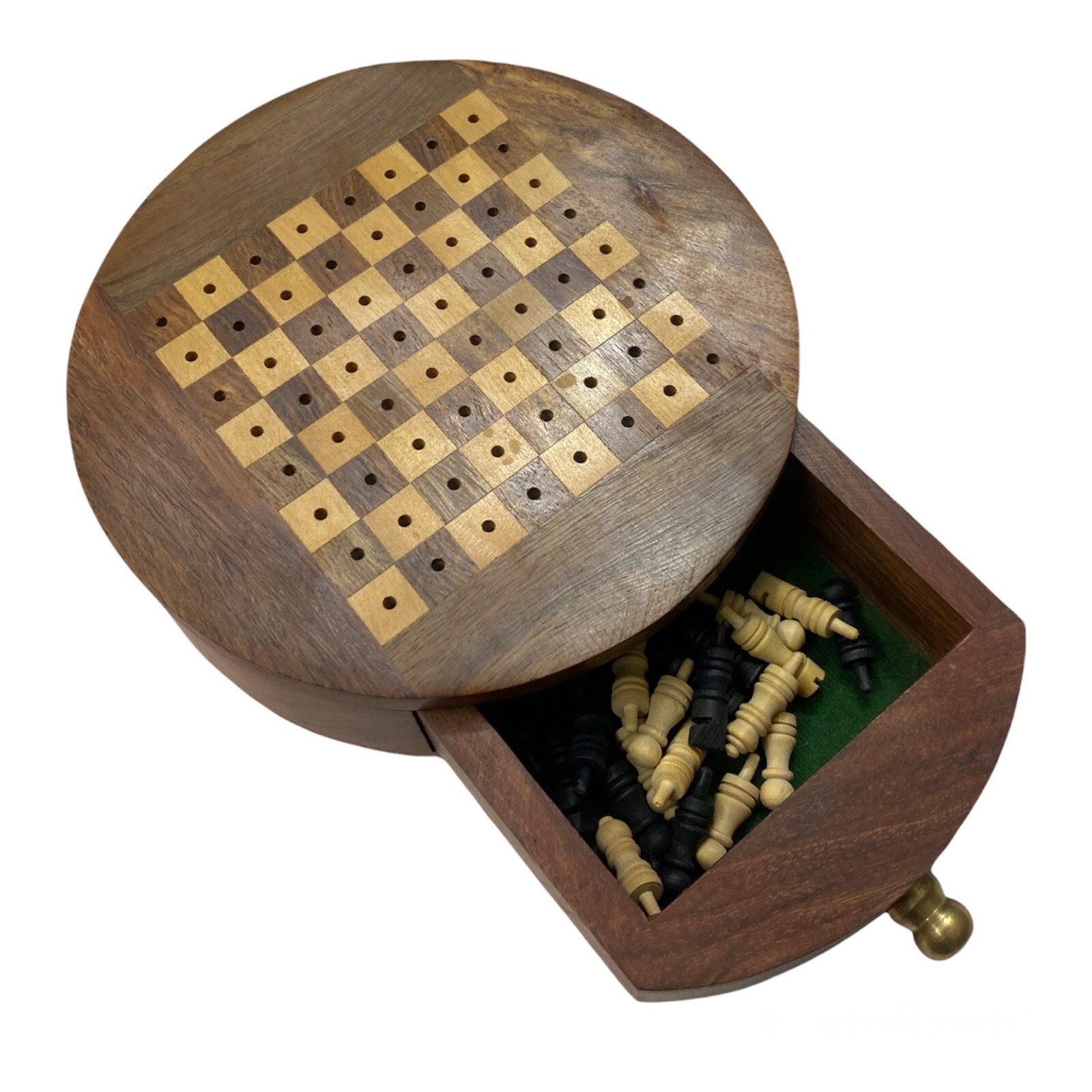 Handmade Wooden Round Mini Chess Board Game Travel Vintage Chess Set