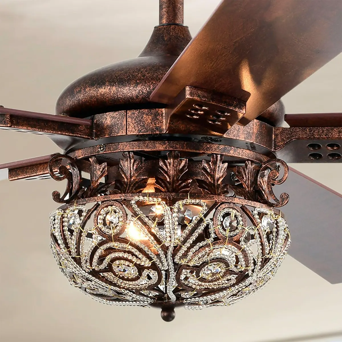 Vintage Style Antique Copper Ceiling Fan 2 Light W Remote Crystal Accent Shade