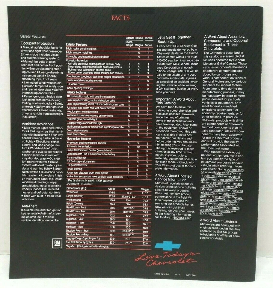 Chevrolet Caprice & Impala 1985 folleto de ventas de concesionarios - OEM Chevy NOS 85 sedán Foto 3 de 4