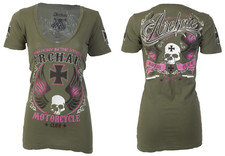 Archaic by Affliction Women's T-shirt Love Skull Biker Tattoo