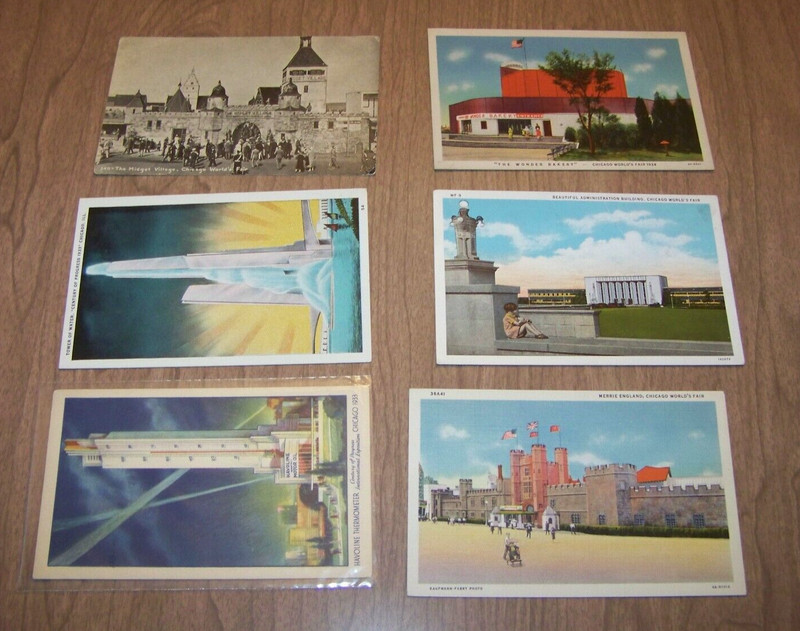 6 1933-34 Chicago World's Fair Postcards Midget Village Tower of Water etc