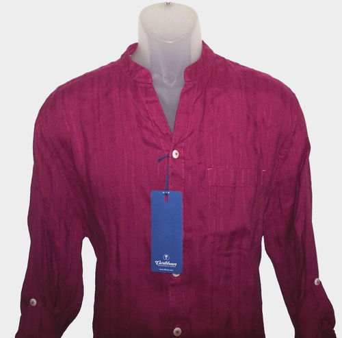 Camisa Roundtree Yorke Caribbean L/S XL Rojo Baya Oscuro Cuello Banda Lino Nueva con Etiquetas - Imagen 3 de 5