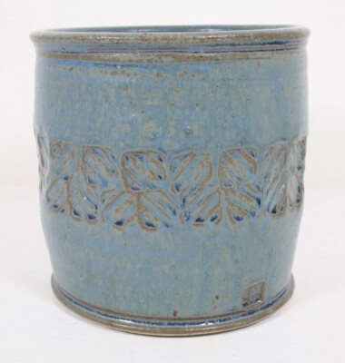 Blue Matte Glaze Stoneware Crock  Unknown Stamp Signed Exceptional 7 x 7.5  Mod