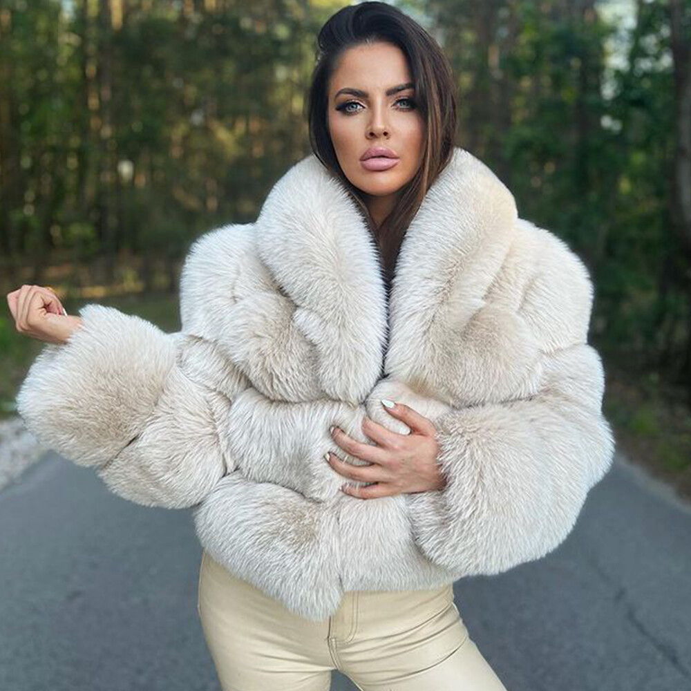 Trendy Women Real Fox Fur Coat Natural Full Pelt Lapel Jacket Warm