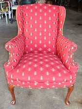 Antique Wing Chair Red/Gold Pineapple Design Reupholstered Made in USA