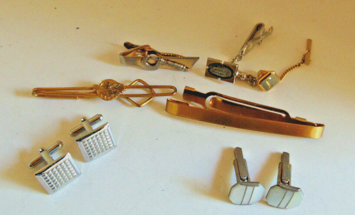 Lot of 5 Mens Vintage Tie Tacks Clasps Accessories & 2  Cuff Links Gold & Silver