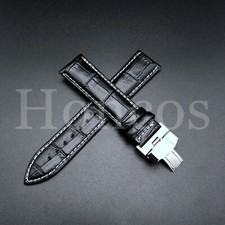 21MM LEATHER STRAP WATCH BAND BUTTERFLY DEPLOYMENT CLASP FITS FOR LONGINES BLACK