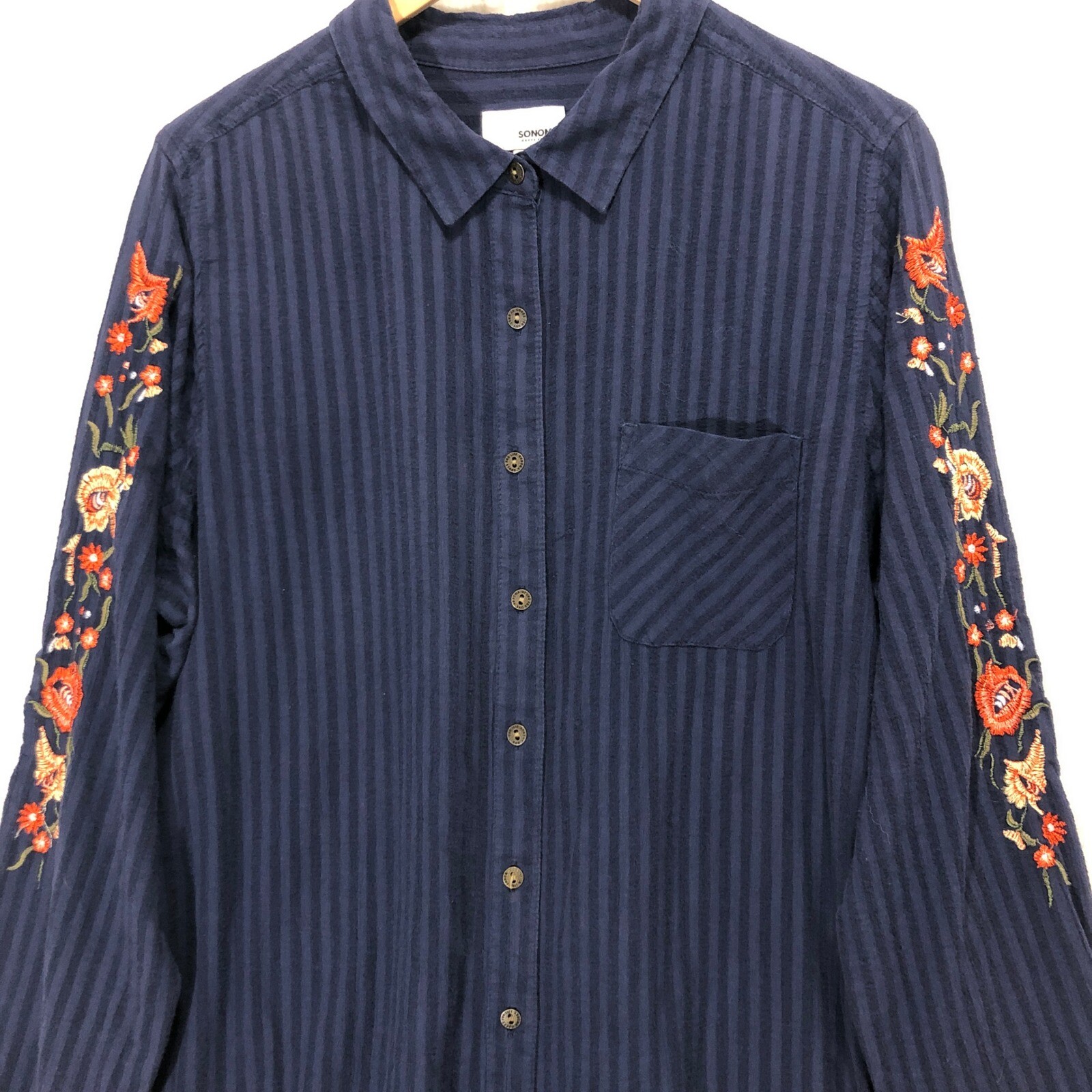 Sonoma Embroidered Button Down Shirt Dress Striped Long Sleeve Casual XL