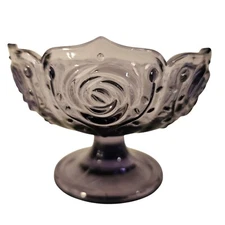 Amethyst Glass Fruit Candy Dish Pedestal Bowl Rose Pattern Vintage Decor 3"
