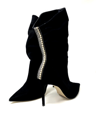 Carvela by Kurt Geiger Black Suede Mid Calf Slouchy Boots with Studded Ribbon