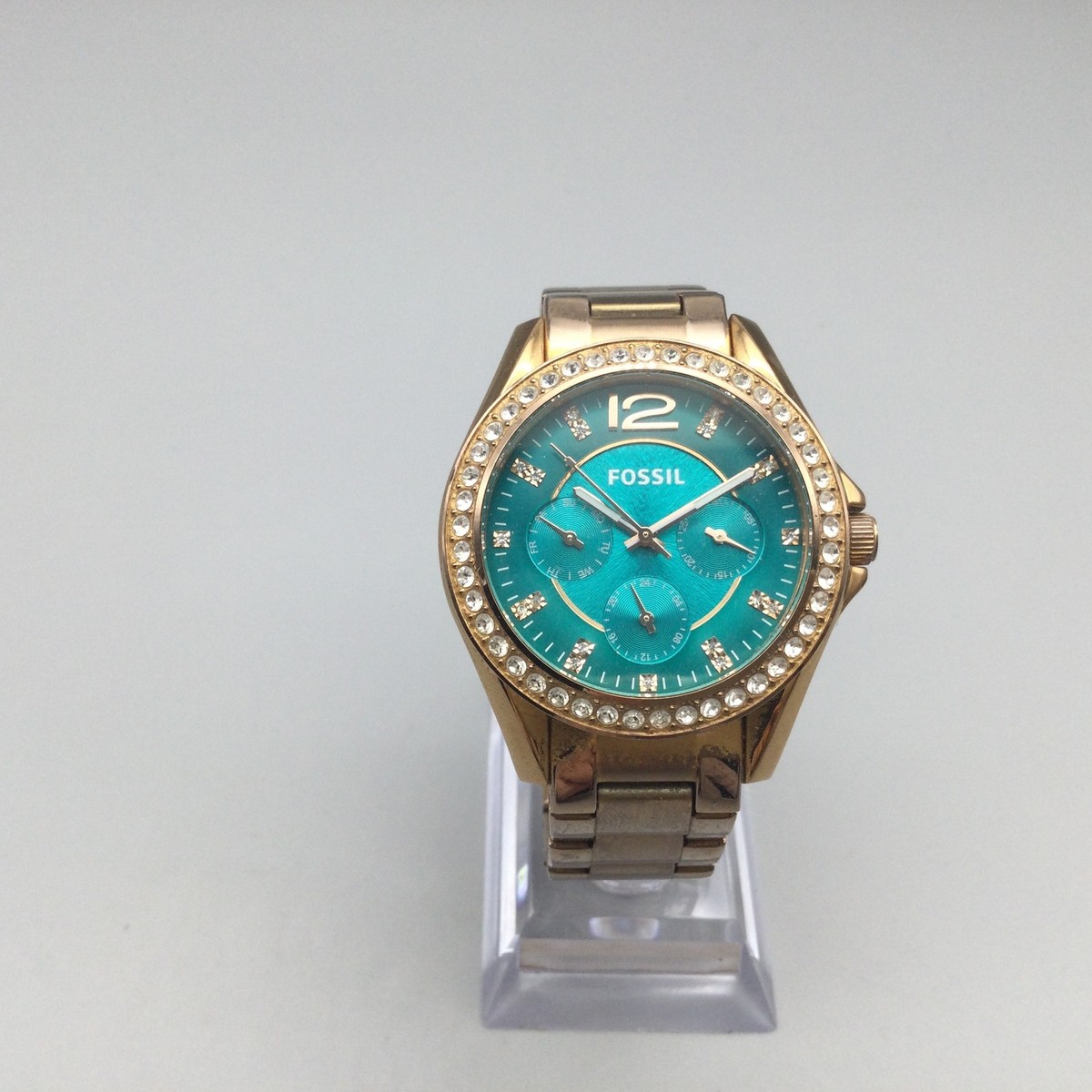 Fossil Riley Watch Womens 37mm Gold Tone Blue Dial Crystals New