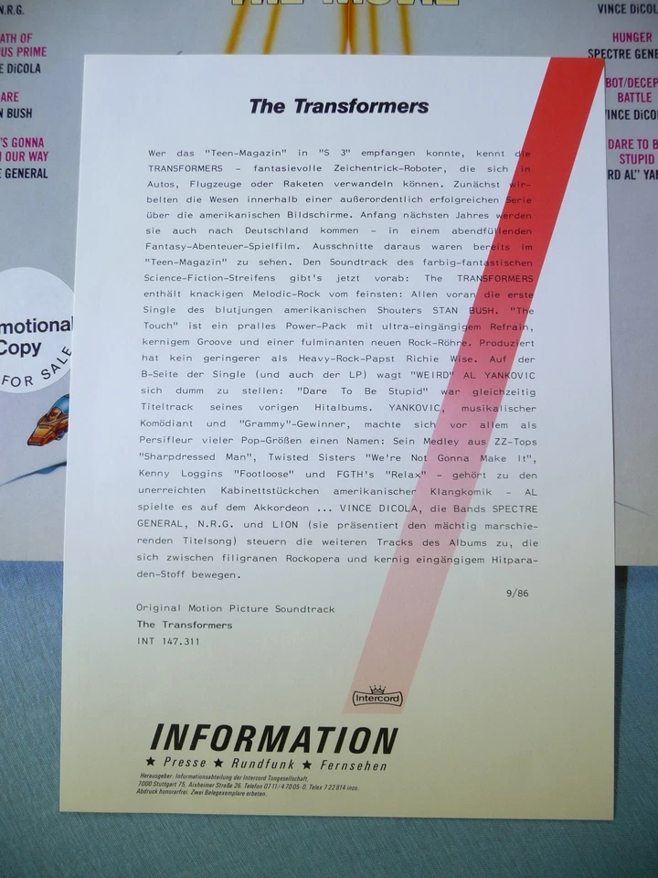 The Transformers: The Movie (Original Soundtrack)  (Promo + Promo-Sheet, Unpl.) - Bild 2 von 4