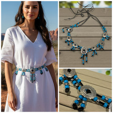 Vintage Artisan Made Southwestern Concho  Beaded Leather Tie Belt OOAK