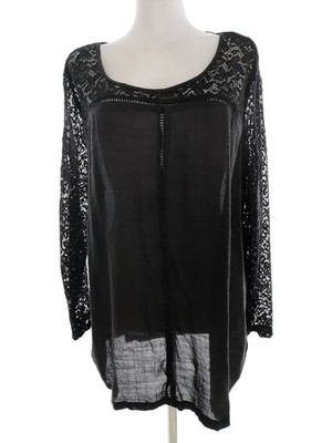 ZIZZI Damen Tunika Bluse Gr. M Schwarz Viskose Langer Ärmel Spitzenstickerei