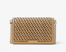 MICHAEL KORS JET SET MEDIUM WOVEN LEATHER CAMEL BEIGE GOLD CHAIN CROSSBODY BAG