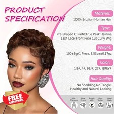 Brown Short Curly Pixie Cut Remy Human Hair Wig Glueless