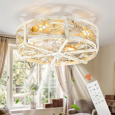 20in White Enclosed Cage Fan Light Flush Mount 6 Speed Fan Wireless Remote