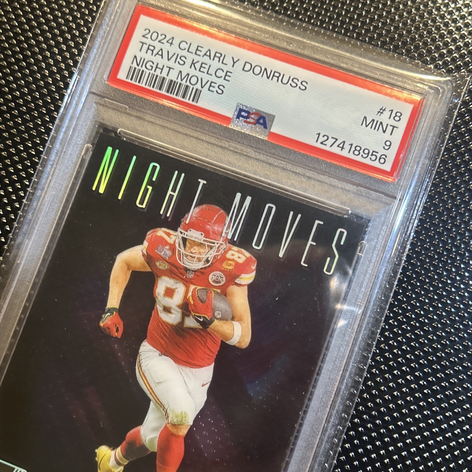 2024 Panini Clearly Donruss Travis Kelce #18 Night Moves SSP Case Hit - PSA 9 view 2