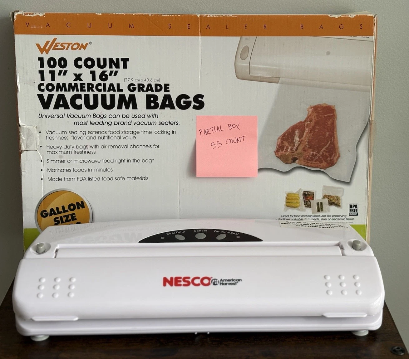 Nesco Vacuum Food Sealer Model VS-01 Automatic One Touch Operation Plus 55 Bags