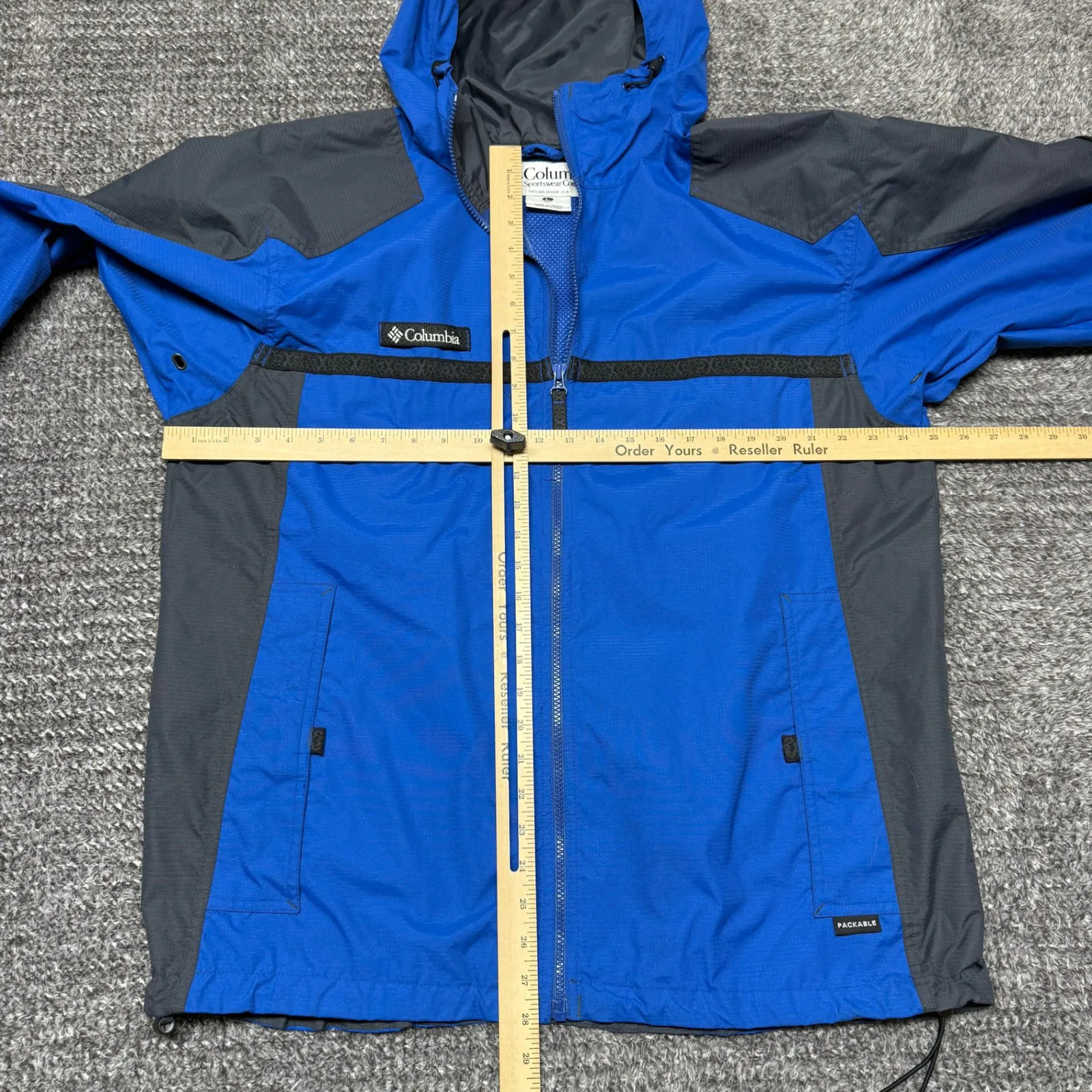 Columbia Mens Hooded Rain Jacket Windbreaker L Blue Gray Packable Full Zip thumbnail 9