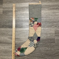 Christmas Stocking Folk Art Angel Cotton Plaid Applique Ruffle Buttons Primitive