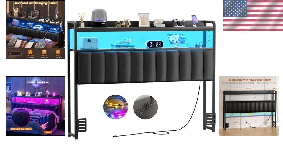 Black Leather Headboard for Full Size Bed with LED & Power Outlets - Adjustable - Image 2 of 4