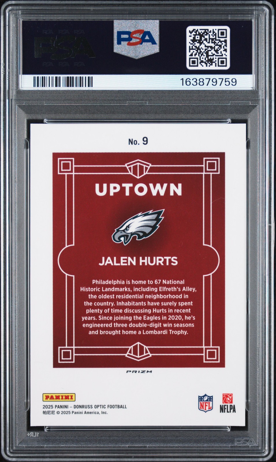 2025 PANINI DONRUSS OPTIC UPTOWN #9 JALEN HURTS PSA 7 view 2