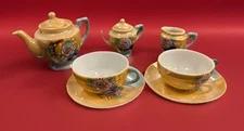 Vintage Miniature 9 Piece Lusterware Tea Set Purple Flowers