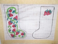 Vintage Needlepoint Hand Painted Canvas Strawberry Mini Stocking Ornament 18 Ct
