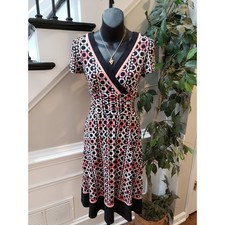 Sandra Darren Dress Women 6 Black Pink White Geometric Print Fit Flare V-Neck