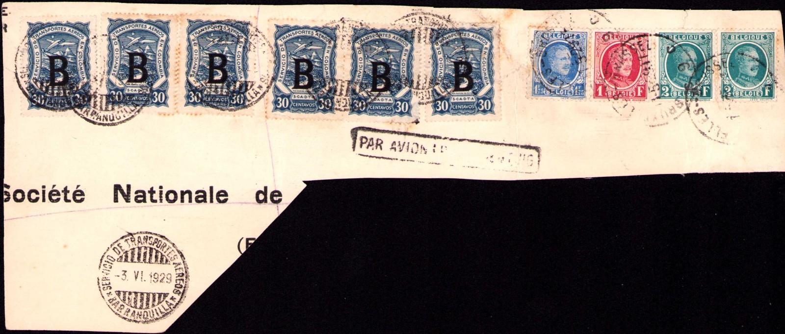 BELGIUM - COLOMBIA - SCADTA - 1.80p ON PIECE - BRUXELLES & BARRANQUILLA - 1929