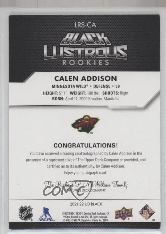 2021 SPx UD Black Lustrous Rookie Signatures /199 Calen Addison #LRS-CA Auto RC - Image 2 of 2
