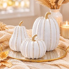Qunclay 3 Pcs Fall Pumpkin Decorations White Gold Decorative Pumpkins
