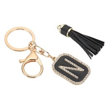 Initial Letter Keychain Cubic Crystal Keychain with Tassel Letter N Black/Gold
