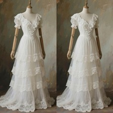 White Lace Wedding Dresses Sheer Tulle Vintage Ruffles Ivory V Neck Bridal Gowns