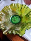 VINTAGE FENTON RUFFLED Bowl 8" - LEAF CHAIN - GREEN BASE GLASS - IRIDESCENCE — photo 1