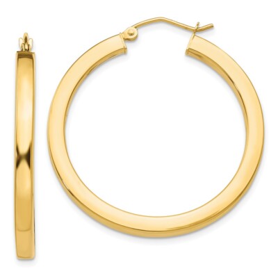 Real 14kt Yellow Gold 3mm Polished Princess Square Hoop Earrings