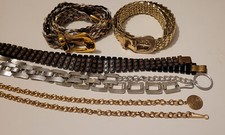 5 Vintage Women Belts Braided Metallic Gold Tone Silver Tone Chain Black Plastic