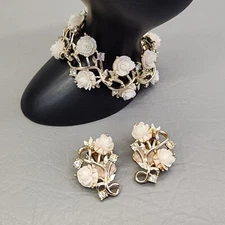 Emmons Bracelet Clip Earrings Set Cream Rose Celluloid 6.25"